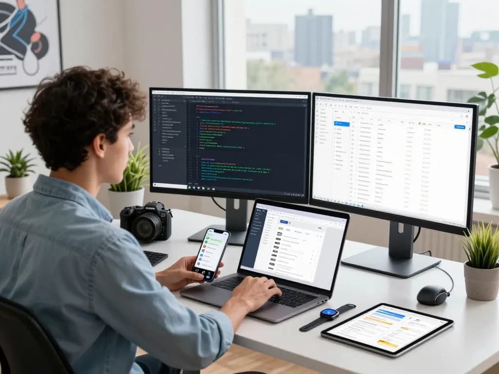 Developer using Clawdbot on dual monitors in a modern workspace