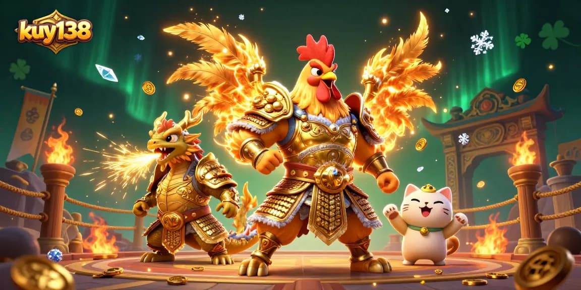 Menangkan hadiah besar di kuy138 dengan karakter ayam pejuang dan naga di latar casino