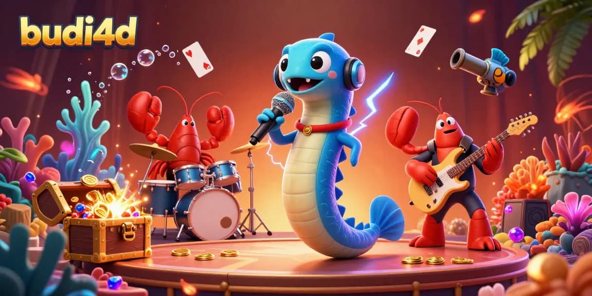 Budi4d showcases an energetic underwater casino scene featuring a DJ electric eel, lobster drummer, and seahorse guitarist surrounded by treasure and game elements.