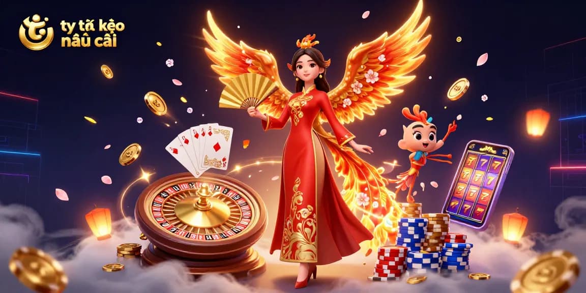 Betting with tỷ lệ kèo nhà cái featuring a woman in a Vietnamese ao dai and a phoenix amidst casino elements.