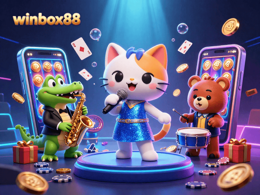 Winbox88 story unfolds as a jazz-singer cat, saxophonist crocodile, and drumming bear create a colorful online casino atmosphere.