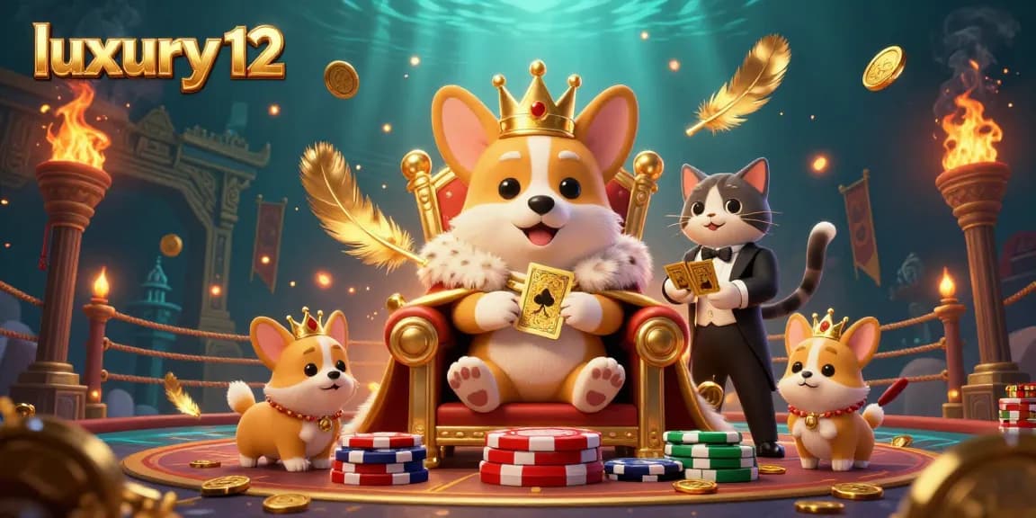 Experience the thrill at luxury 12-themed gaming with royal corgis and vibrant casino elements.