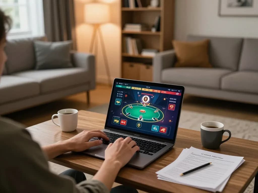 Player engaging in strategic bets on pintu888top online casino platform from their cozy living room
