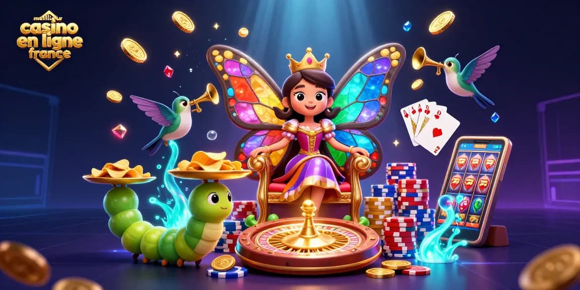 Illustration de "meilleur casino en ligne france" avec la reine des papillons et des éléments de jeu captivants.