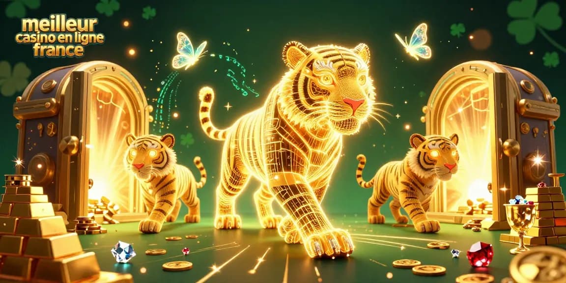 Illustration dynamique du meilleur casino en ligne France, avec un tigre lumineux et des trésors scintillants.