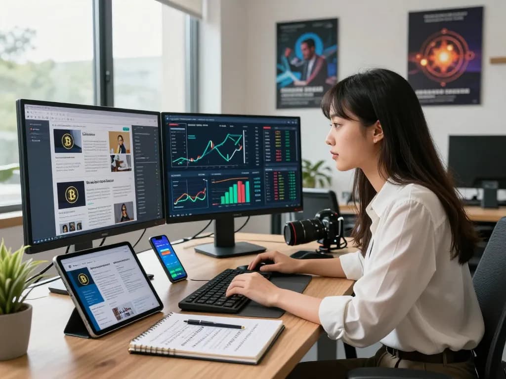 Professional and energetic workspace showcasing analysis of a crypto earning platform with charts and technology.