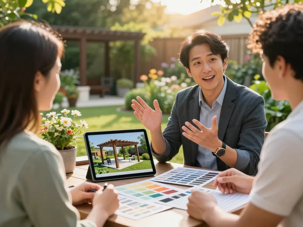Pergola Sales Software demonstration with a consultant showcasing 3D designs in an outdoor garden setting.