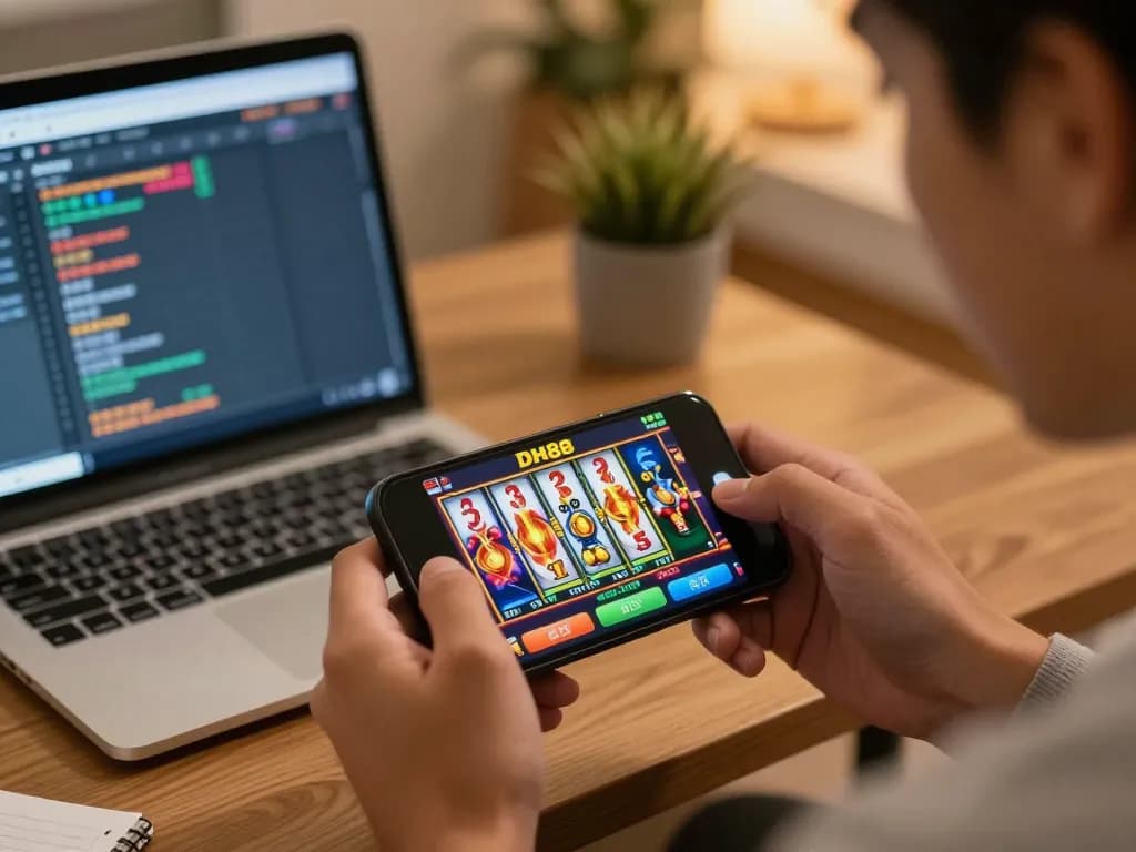 Engaging mobile betting session, accessing đăng nhập dh88 on smartphone with vibrant casino app.