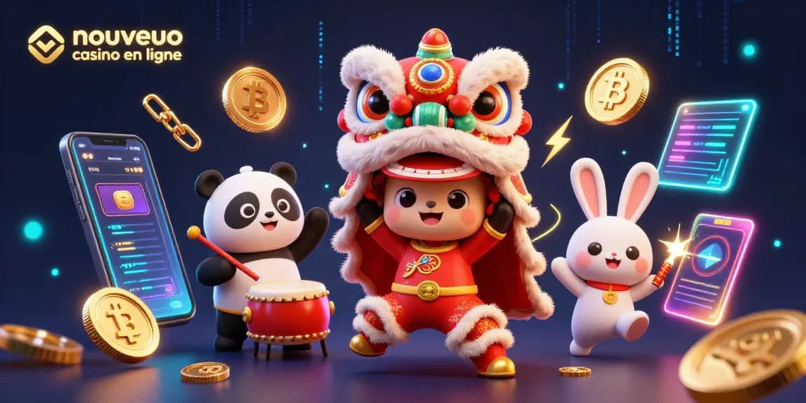 Découvrez l'énergie du nouveau casino en ligne avec une illustration 3D dynamique de personnages colorés et crypto-monnaies.