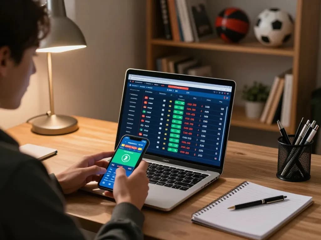 Betting on viral4d with a laptop and smartphone during an exciting sports event.