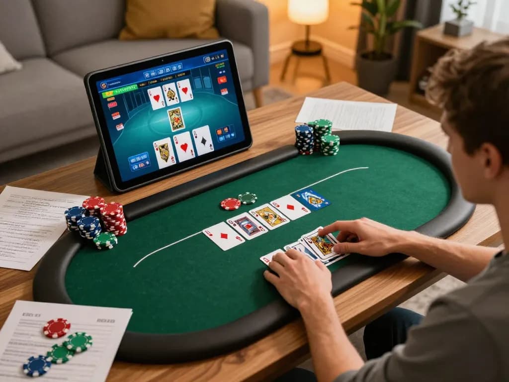 Engaging in online poker at home using a tablet and showcasing strategies for 789win trang chu.