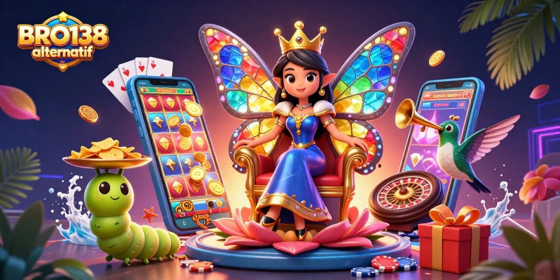 Engage in thrilling gameplay with BRO138 alternatif; a vibrant scene featuring a butterfly queen, chips, and colorful slot games.