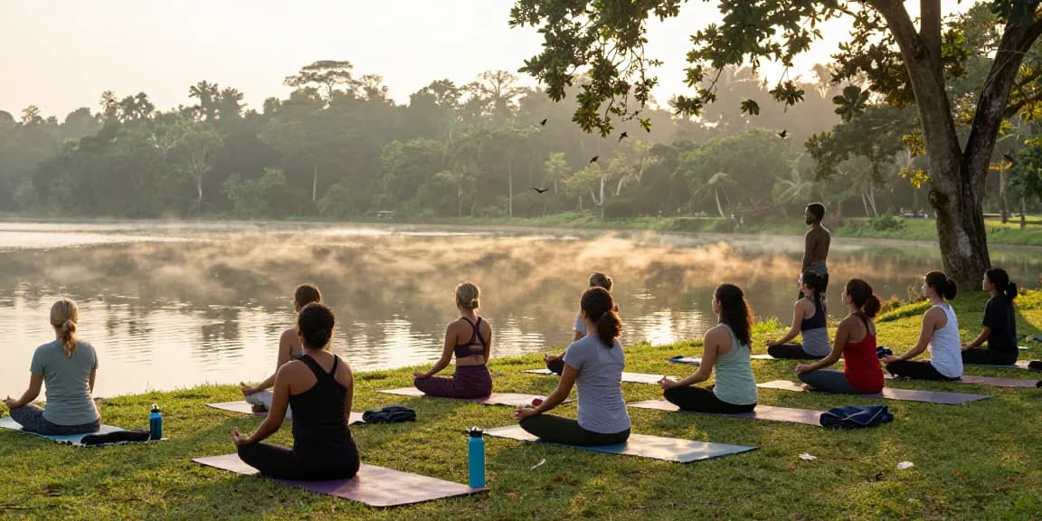Engaged participants in yoga teacher training Sri Lanka during peaceful lakeside sunrise meditation.