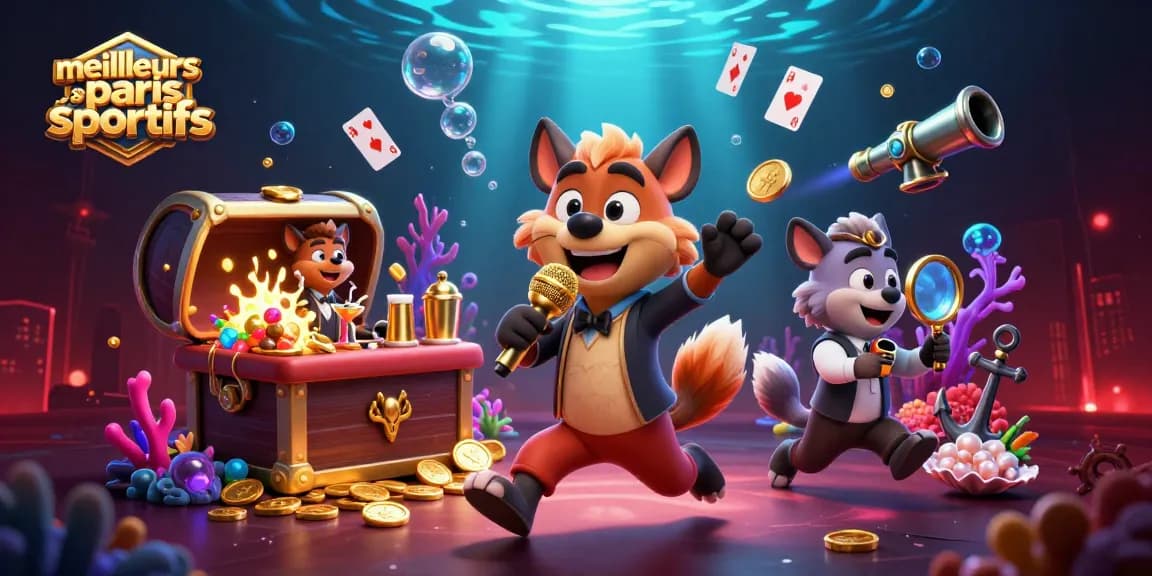 Les meilleurs sites paris sportifs : Une illustration dynamique de hyènes en casino, avec jeux de lumières.