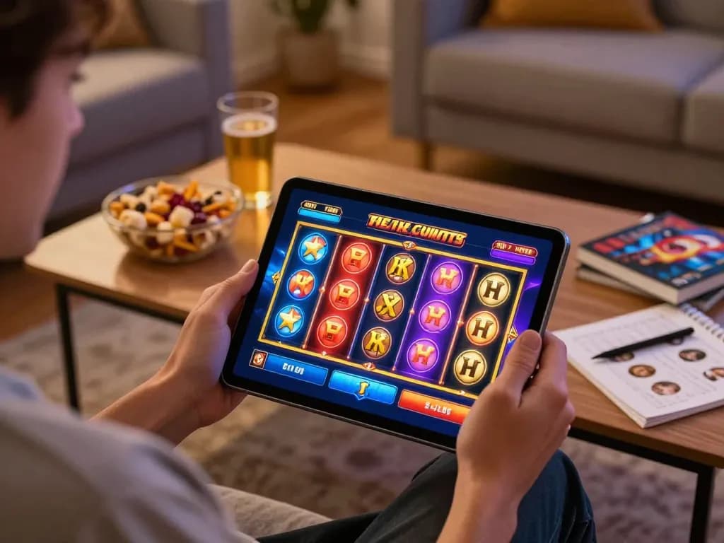 Engaging nohu gameplay on a tablet in a cozy living room environment
