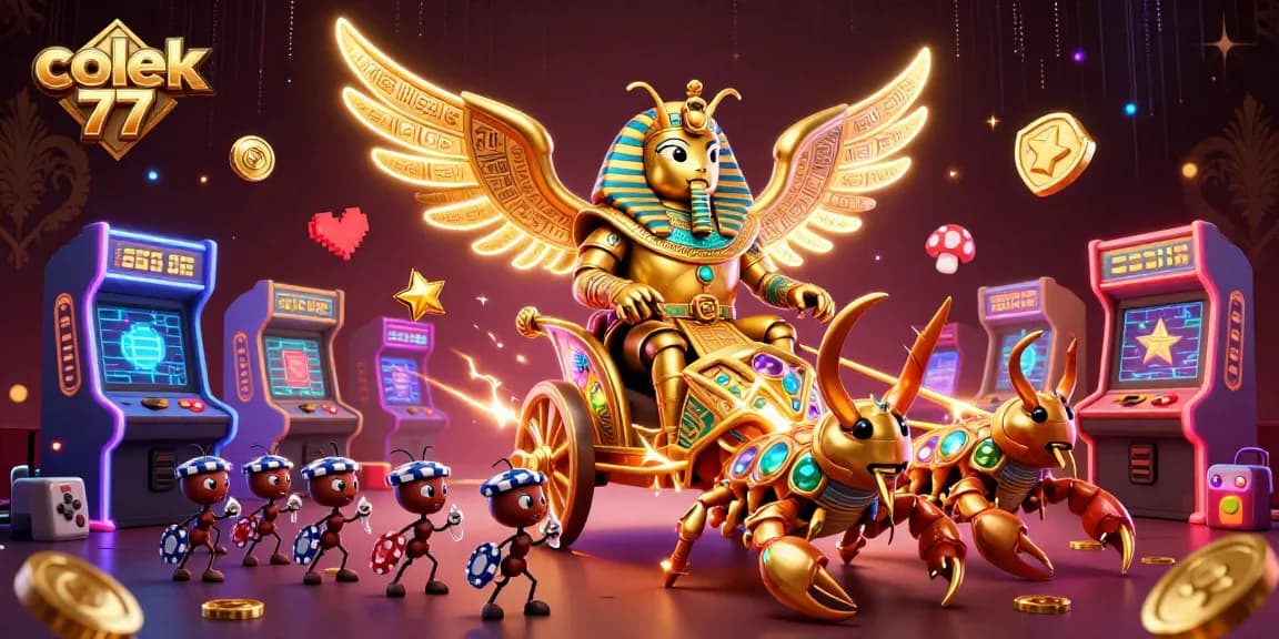 Engage in thrilling gameplay with colek 77, featuring a golden beetle chariot and vibrant casino elements.