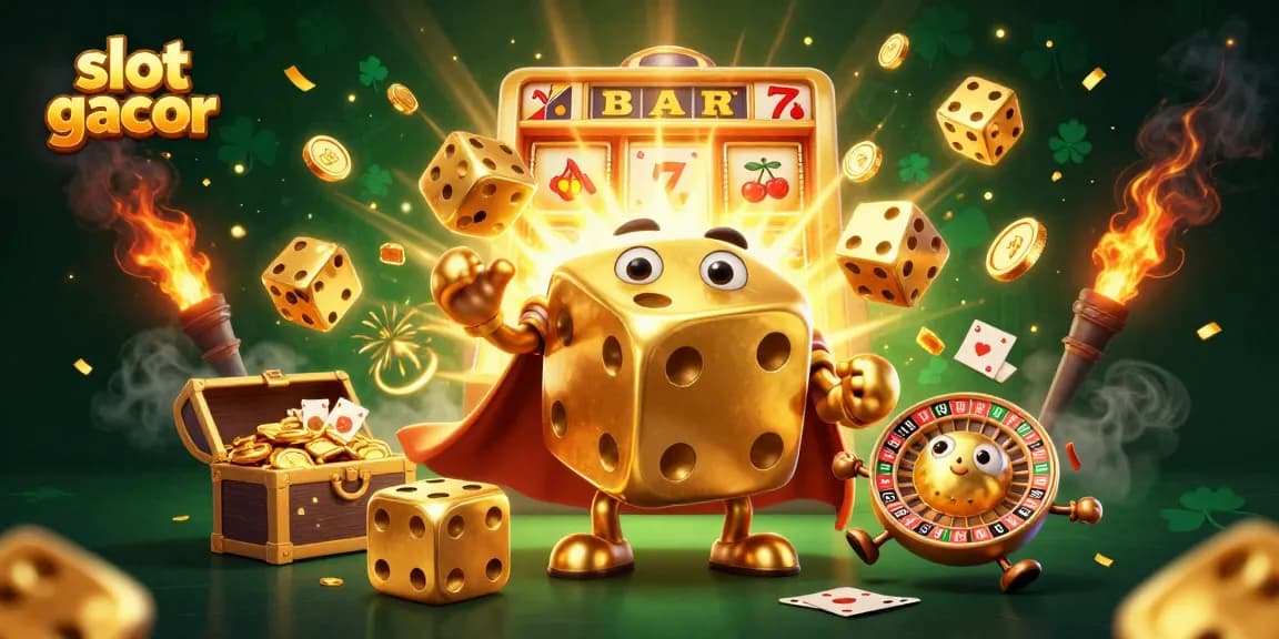 Experience the thrill of slot gacor with dynamic characters and a jackpot explosion in this vibrant casino illustration.