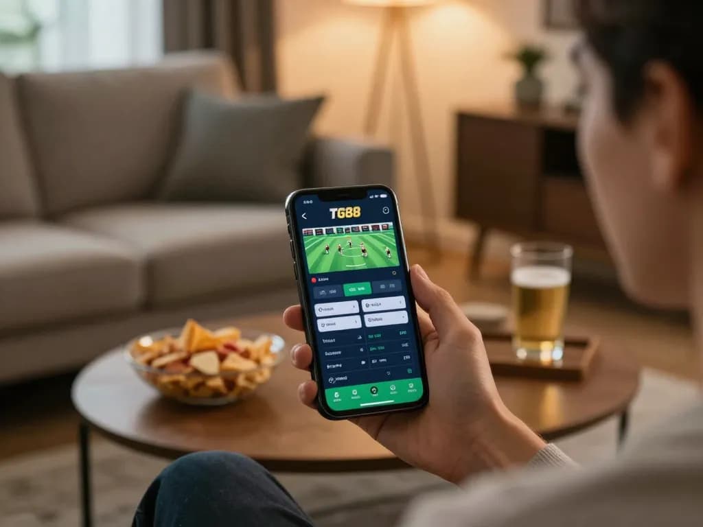 Engaging moment of a player using the TG88 sports betting app on a smartphone in a cozy home setting.