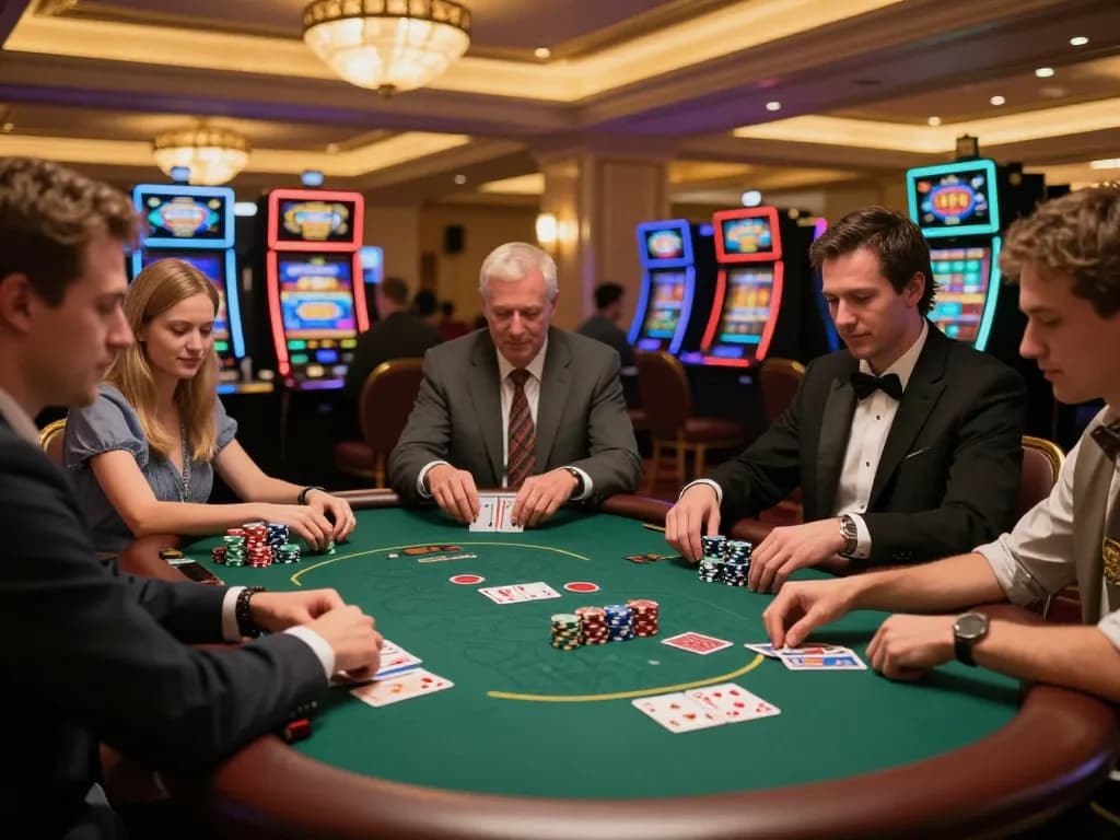 Exciting gameplay at 789win hiện đang mở in a luxurious casino setting with engaged players and dealers.