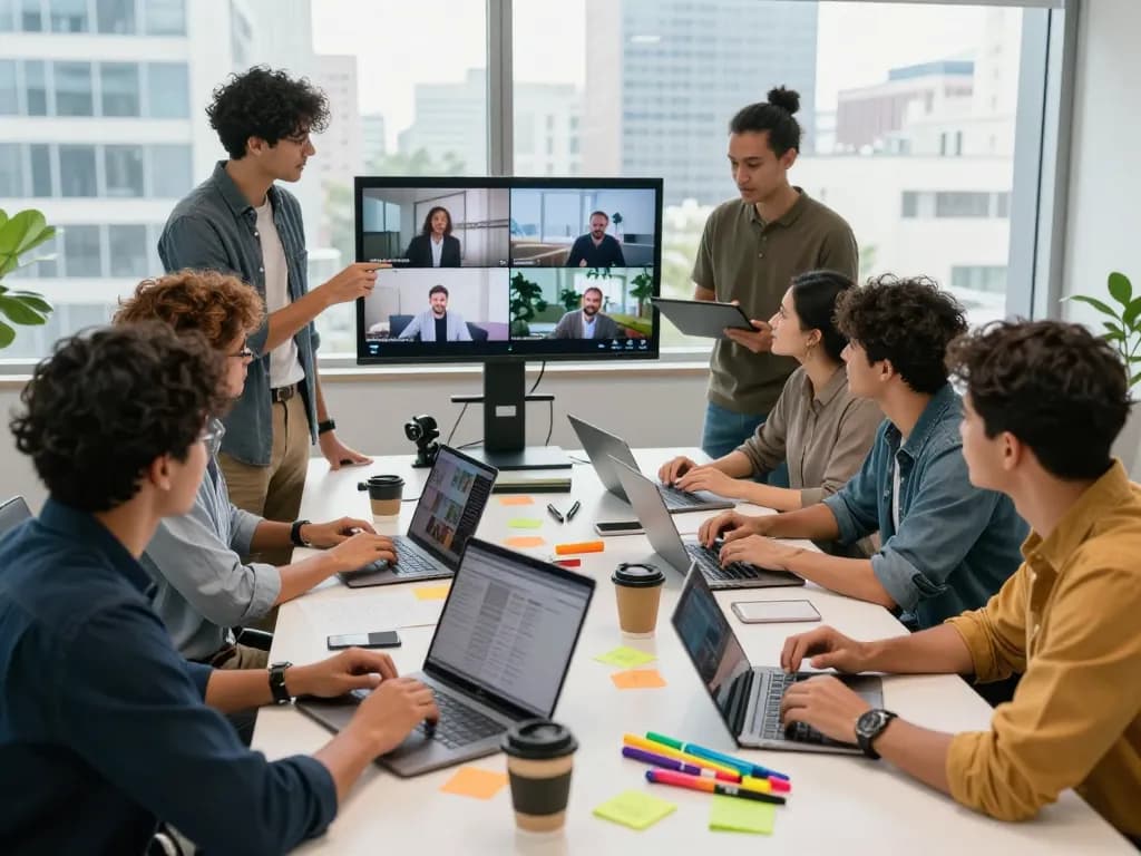 Team collaboration around video to promptgenerator technology in a bright office.