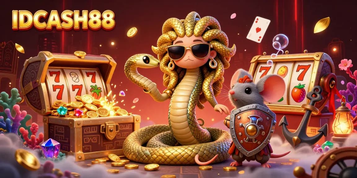 Engage with IDCASH88 through vibrant slot reels and friendly mythological characters in a lively casino scene.