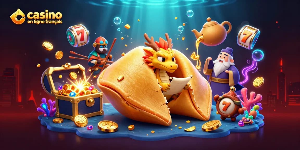 Explorez le casino en ligne français avec un dragon sage et un cookie de fortune, au milieu de jeux dynamiques.