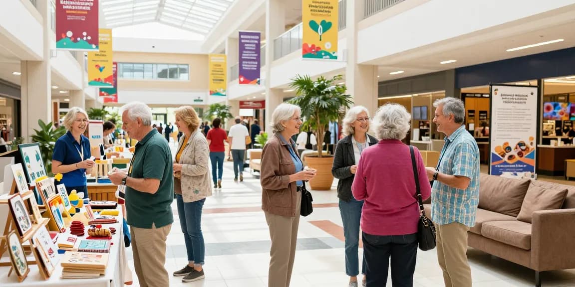 Engaging shopping experience at Senior Mall with active seniors exploring local crafts and community events.