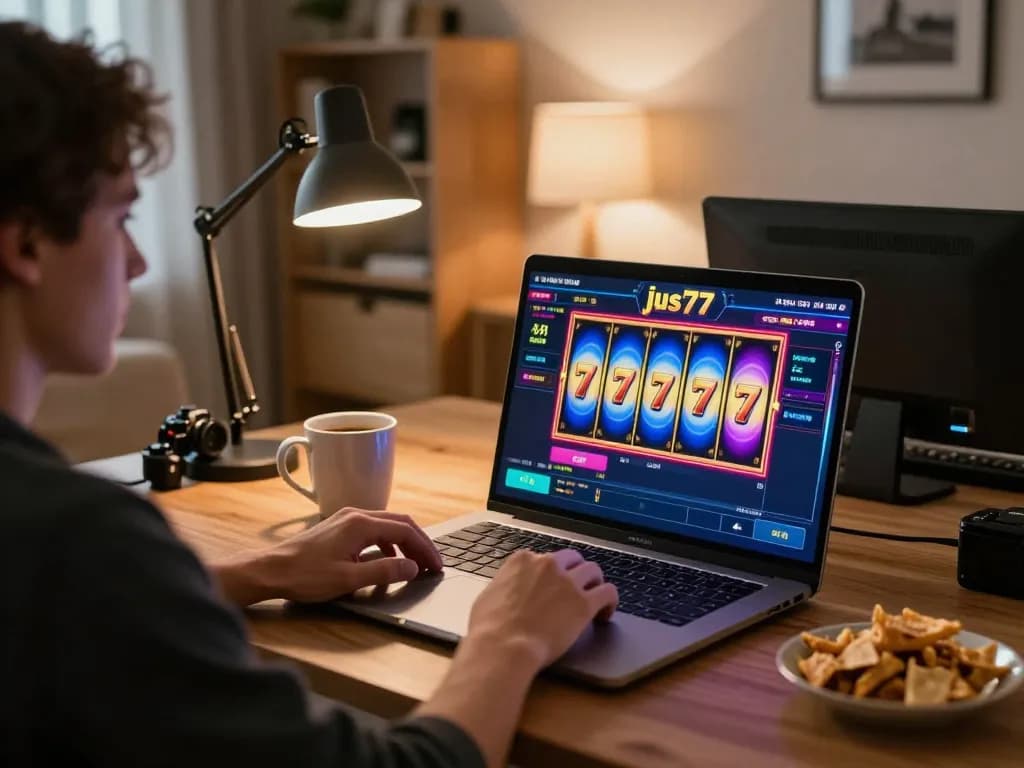 Engaged player using jus77 at home to spin the reels in an online slot game