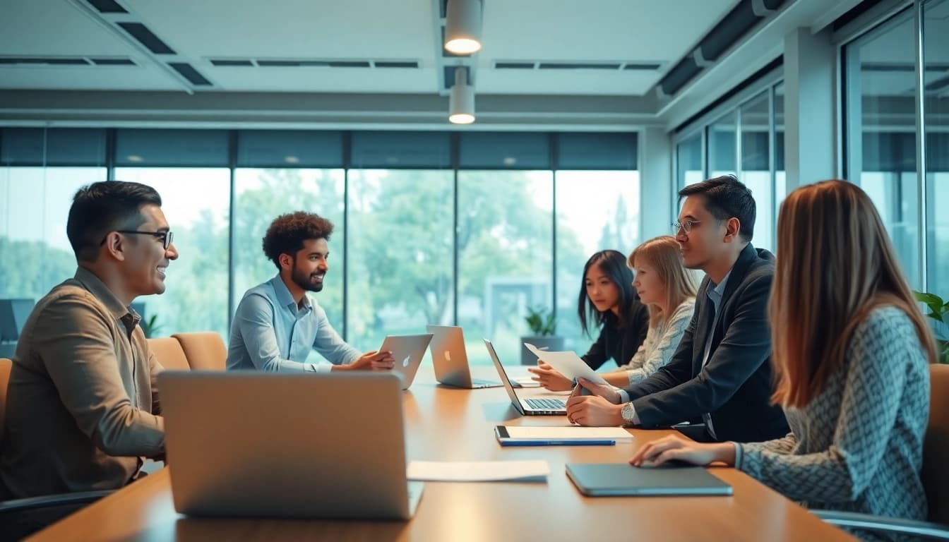 Besprechungsteam von https://alvionz.de/ in modernem Büro mit Laptops und Dokumenten.