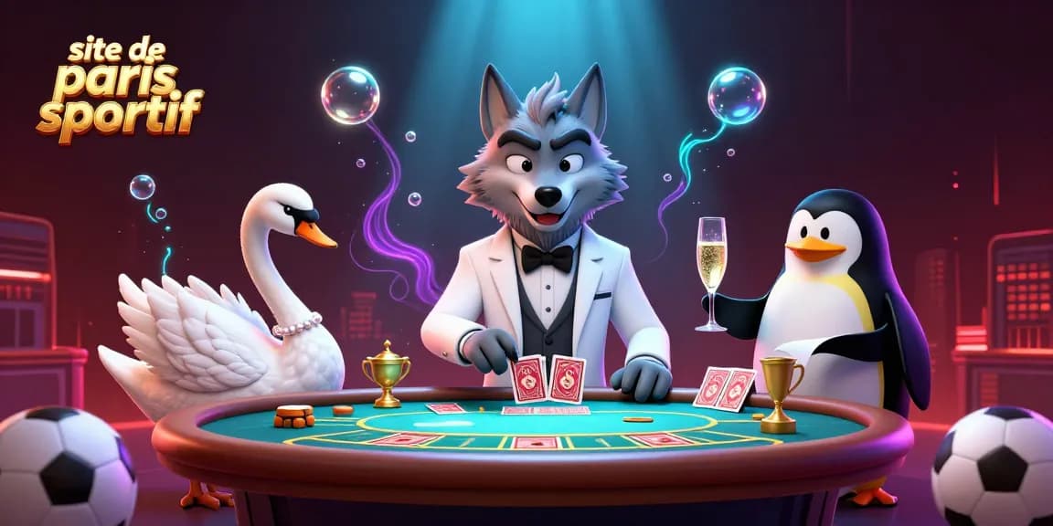 Une illustration dynamique de site de paris sportif avec un loup joueurs, un cygne et un pingouin sommelier à une table de baccarat.