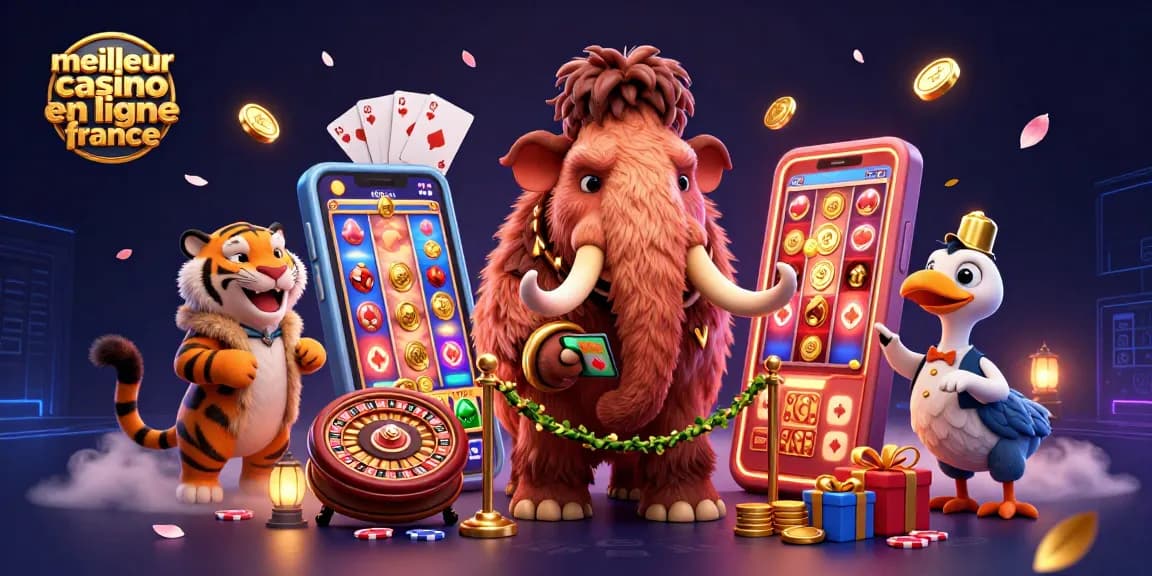 Image d'une scène dynamique représentant les personnages du "meilleur casino en ligne france" avec des éléments de jeux de casino.