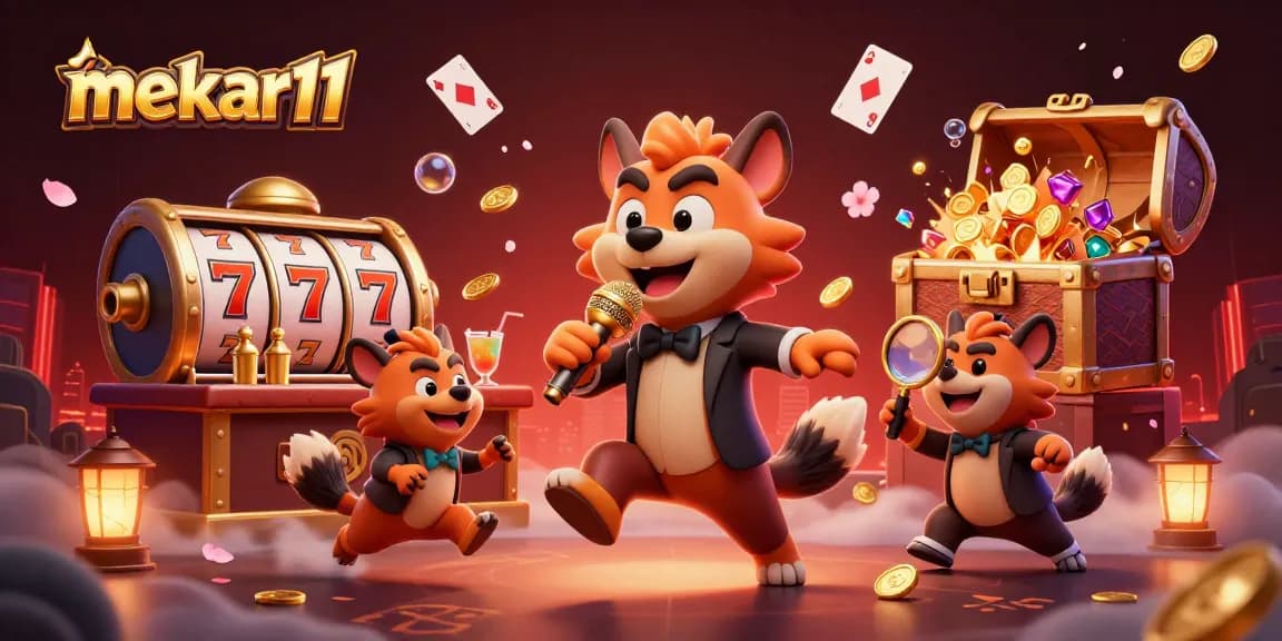 Mekar11 showcases a vibrant casino scene with hyenas in a comedy club, winning big on slot machines.
