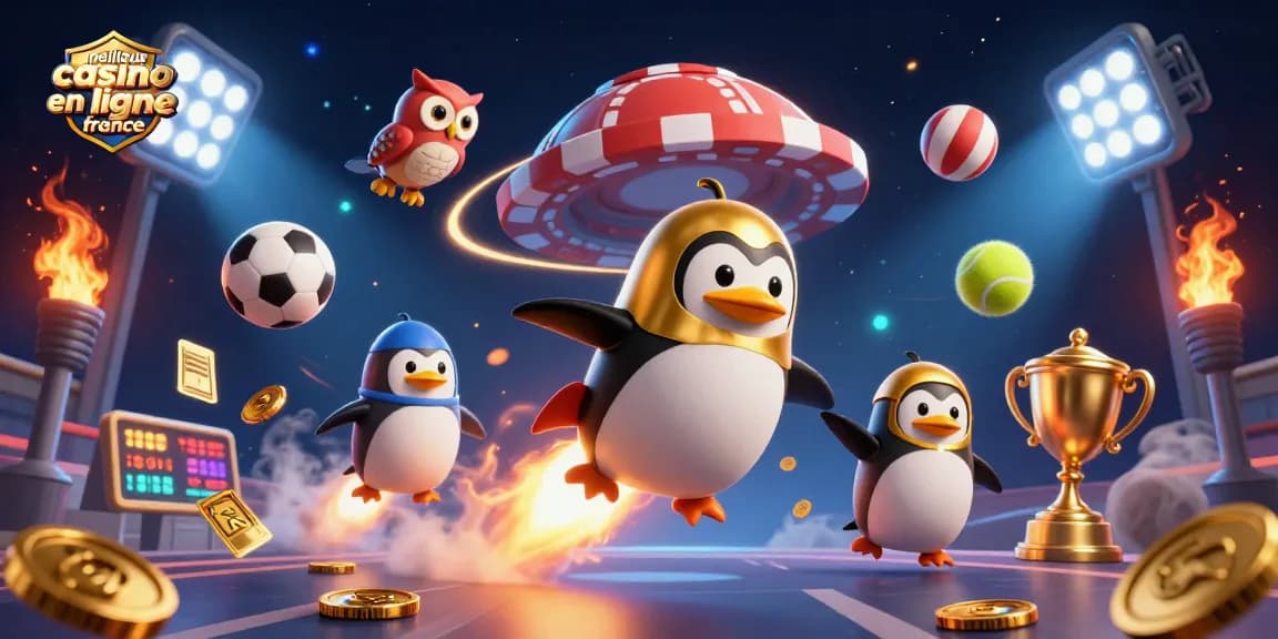 Profitez du meilleur casino en ligne France avec une illustration vibrante d'un pingouin doré à propulsion de fusée.