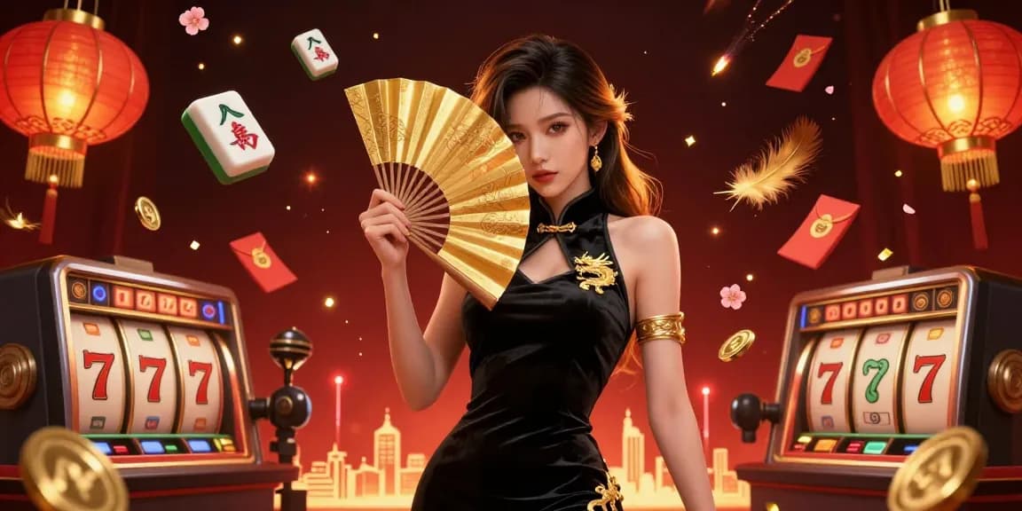 M88 casino experience featuring a stunning Asian woman and lively gambling elements like slot reels and golden coins.