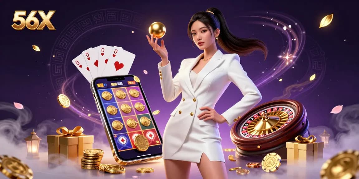 Experience thrilling bets at 56X, a vibrant casino scene with dynamic games and rich rewards.