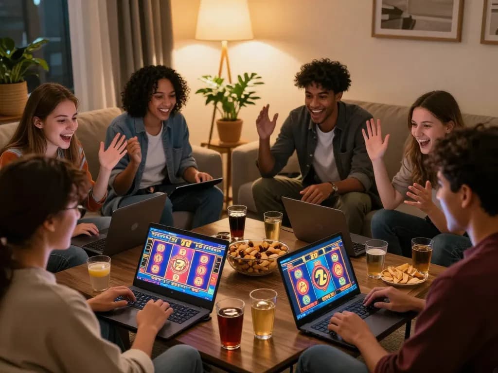 Friends enjoying an online slot77 gaming session with vibrant screens, cozy atmosphere.