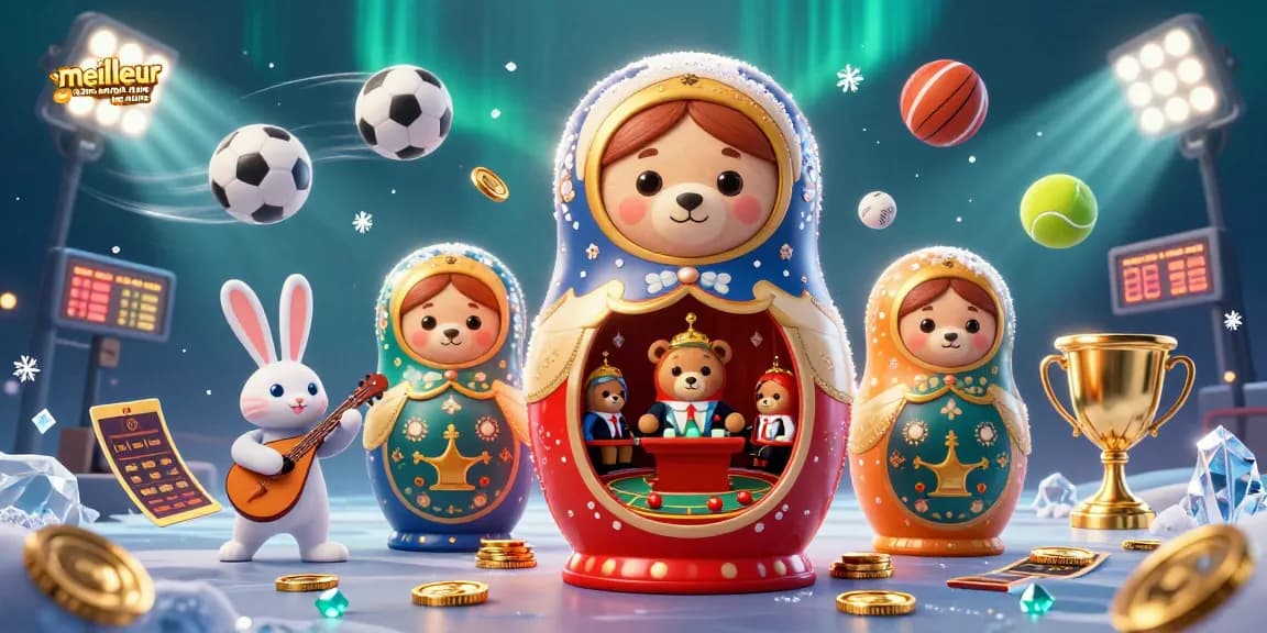 Explorez le meilleur casino en ligne France avec une scène animée de personnages et de jeux de casino.