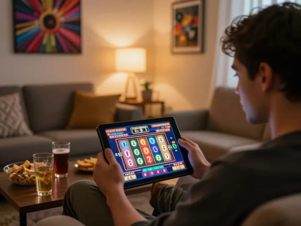 Engaged player spinning the reels on slot online games in a cozy living room setting.