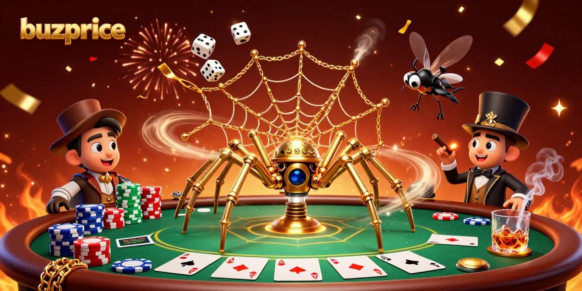 Spin the reels for jackpots at buzprice with an engaging casino-themed illustration of a golden spider and characters.