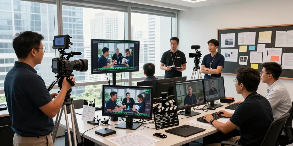 Dynamic corporate videography services in Singapore capturing a professional video shoot with a diverse team and high-end equipment.