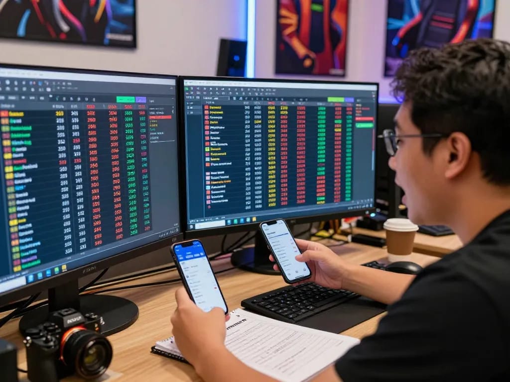 Engaged player analyzing Data HK results on multiple screens in vibrant online betting environment.