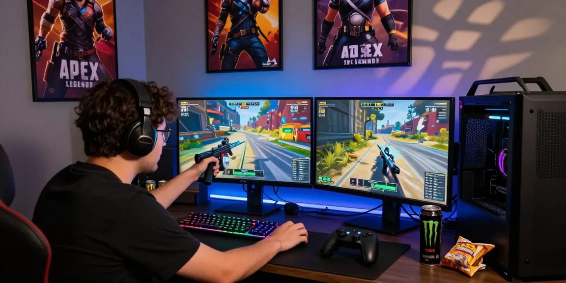 Apex Legends Aimbot user in digital combat, focused on gameplay with dual monitors and gaming gear.