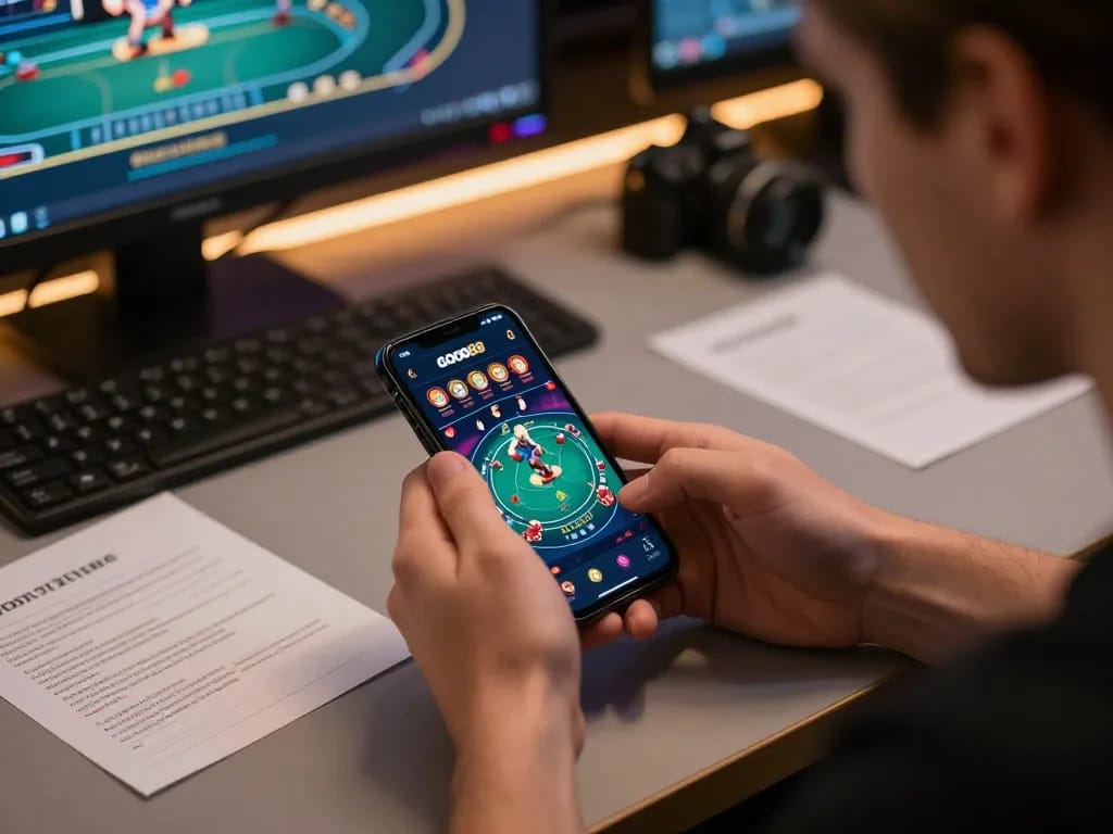 Player engaging with the GOOD88 casino app on mobile, showcasing live dealer poker in a stylish setting