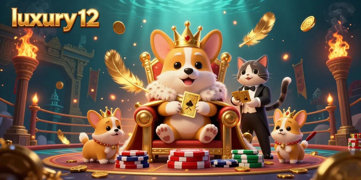 Experience the thrill at luxury 12-themed gaming with royal corgis and vibrant casino elements.