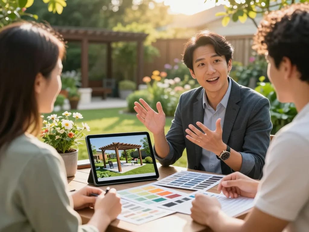 Pergola Sales Software demonstration with a consultant showcasing 3D designs in an outdoor garden setting.