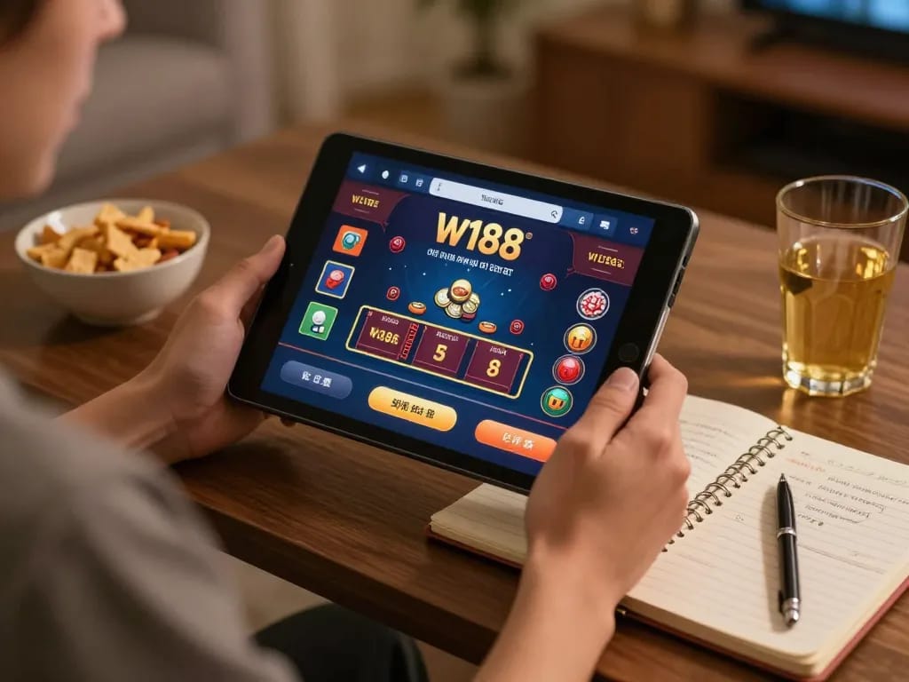w188 app on tablet showcases live dealer game while player enjoys cozy home gaming session