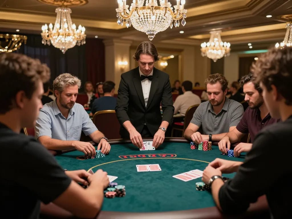 iWin players engaging in strategical poker gameplay on an upscale casino floor, illuminated by chandeliers