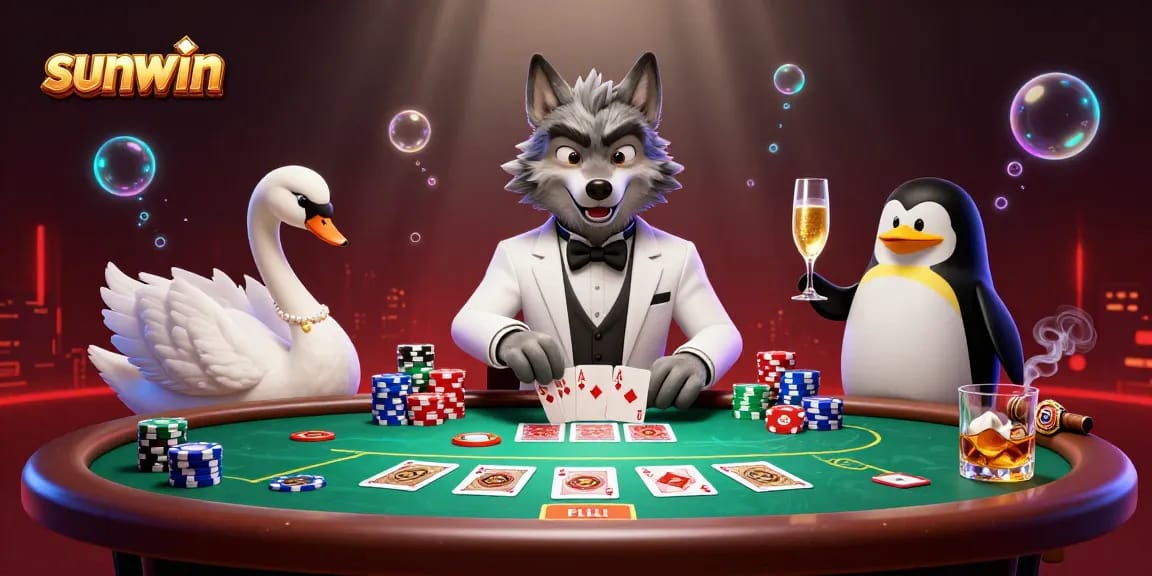 Experience the excitement of sunwin casino with a vibrant scene of 3D characters playing cards.