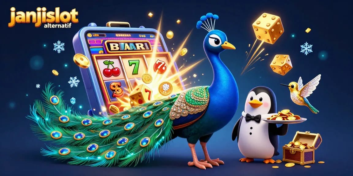 Experience the excitement of janjislot alternatif with a vibrant 3D casino illustration featuring a peacock and jackpot elements.