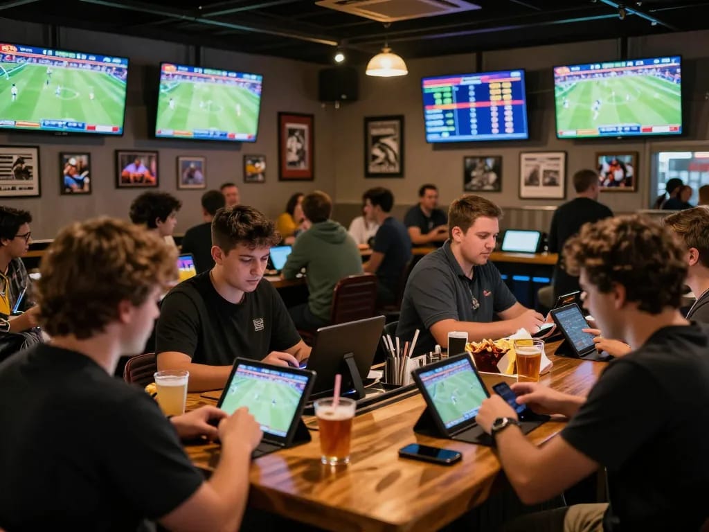 Bongdalu users engaging in dynamic sports betting atmosphere at a vibrant sports bar